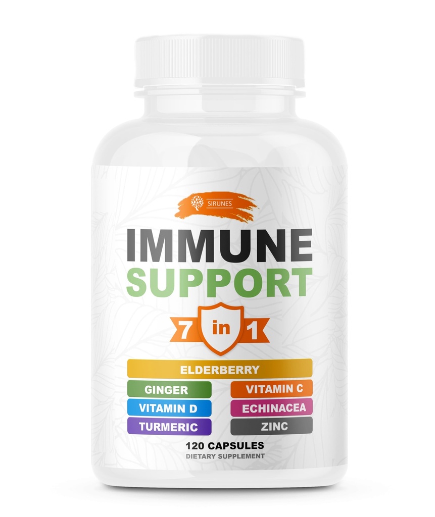 SIRUNES Immune Booster - Immunity Support Multivitamin with Vitamin C, D3, Elderberry, Zinc, Echinacea, Ginger & Turmeric - Antioxidant, Energy, Brain Health & Stress Relief (120 Capsules)