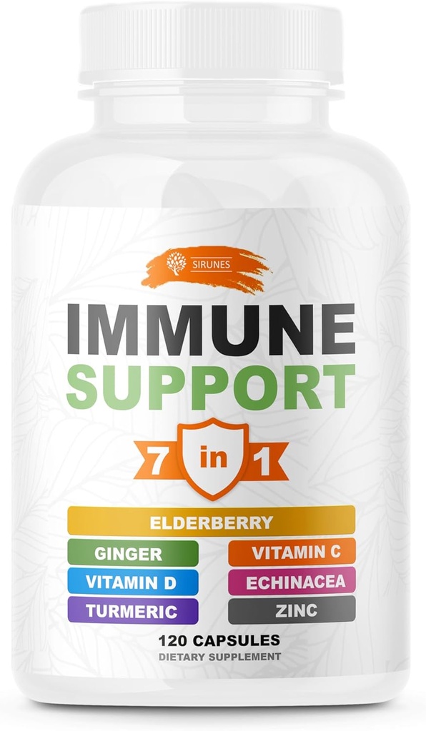 SIRUNES Immune Booster - Immunity Support Multivitamine - Vitamine C en D3, Vlierbes, Zink, Echinacea, Gember, Kurkuma - Antioxidant, Energie en Vigor, Brain Boost (Immune Support Capsules)
