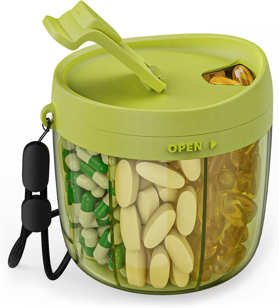 PULIV Portable Pill Dispenser Fles, Vitamine Organizer met 7 afdelingen, Houdt volop supplementen met anti-mengen en brede openingen ontwerp, gemakkelijk op te halen Meds, Inclusief 20 stuks Labels Groen