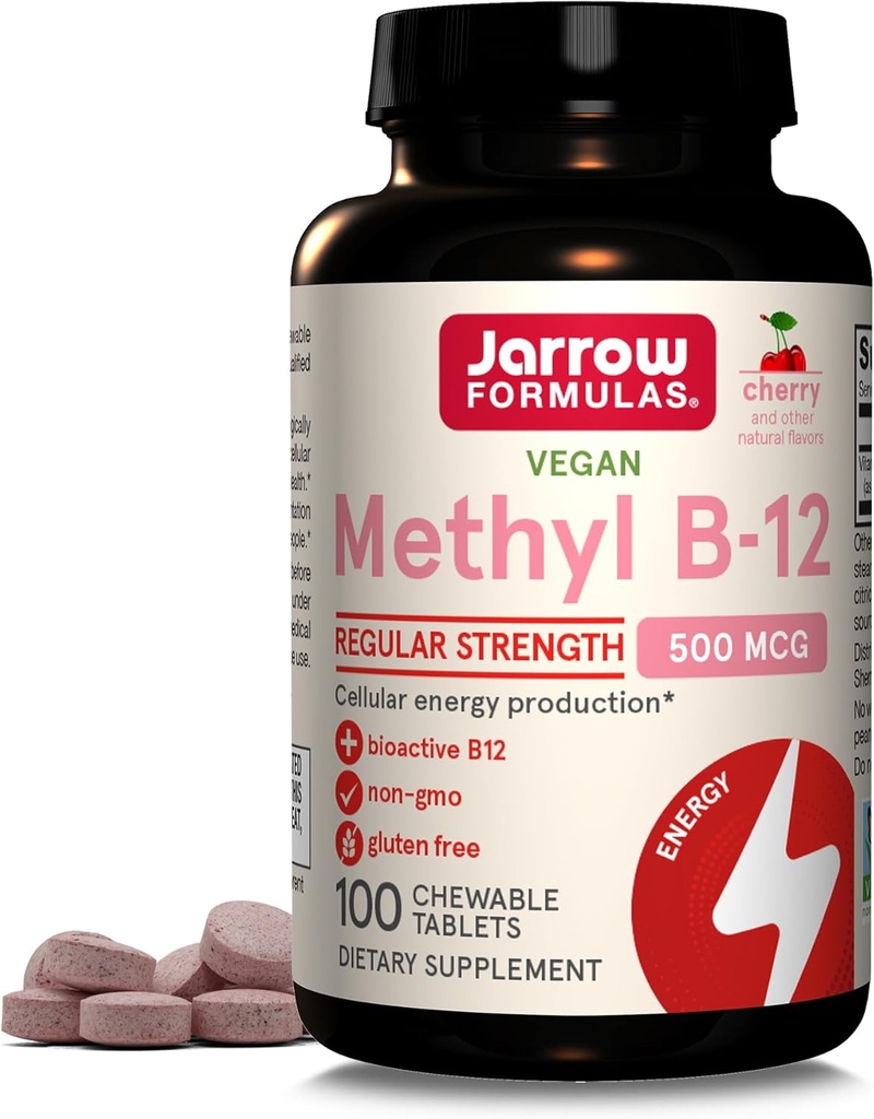 Jarrow Formulak® Methyl B-12 Tablets, 500 mg, Energia Zelularraren Ekoizpenerako eta Garuneko Osasunerako Osagarri dietetikoa, 100 Cherry Flavor Chewable Tablets, 100 eguneko hornidura