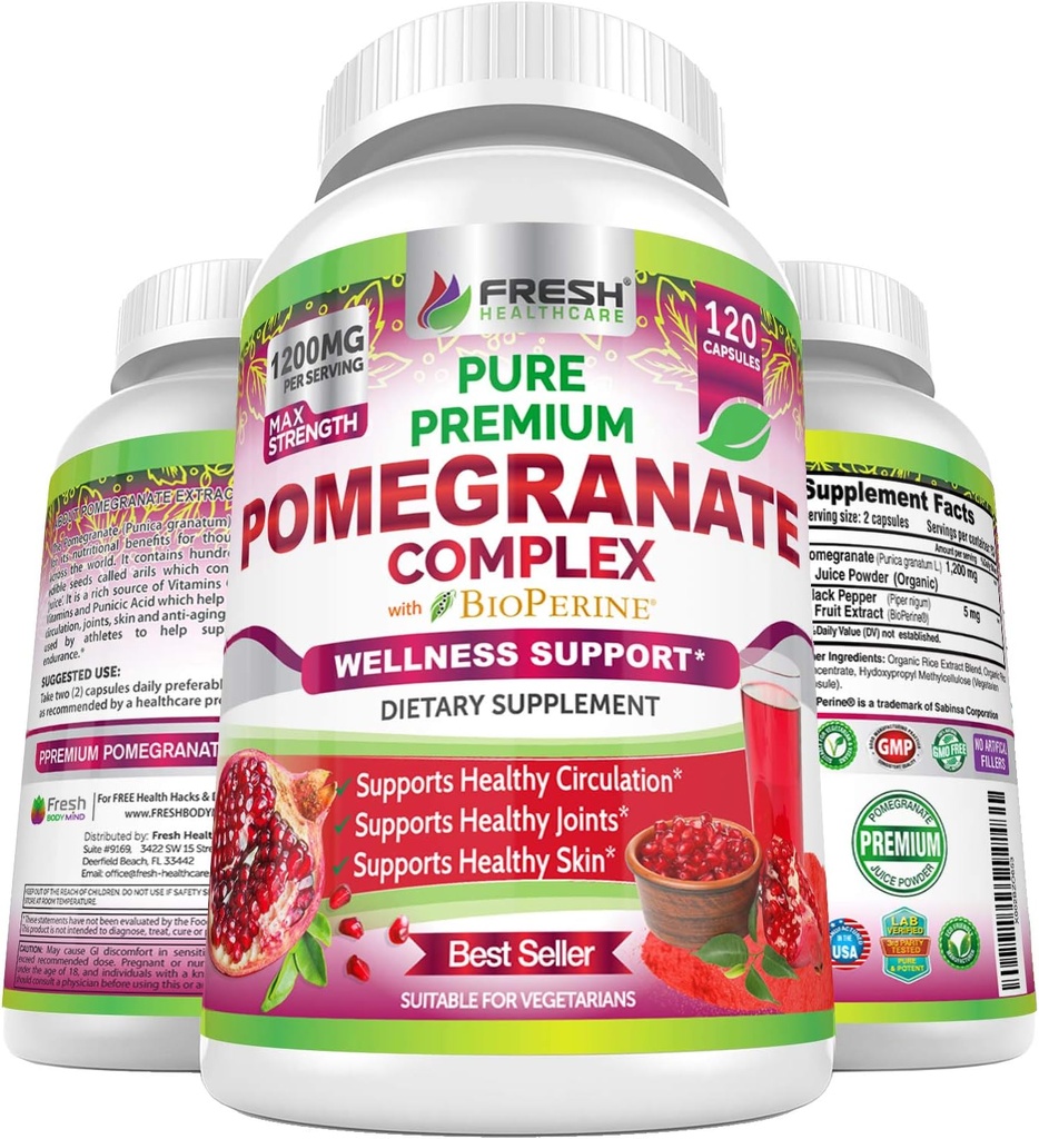 Premium Pomegranate Juice Powder Supplement 1200mg, stöder hälsosamt blodtryck, gemensamma, hud och antiålder med bioperin svartpeppar, kraftfull antioxidant med vitamin C & K, 120 Vegan kapslar
