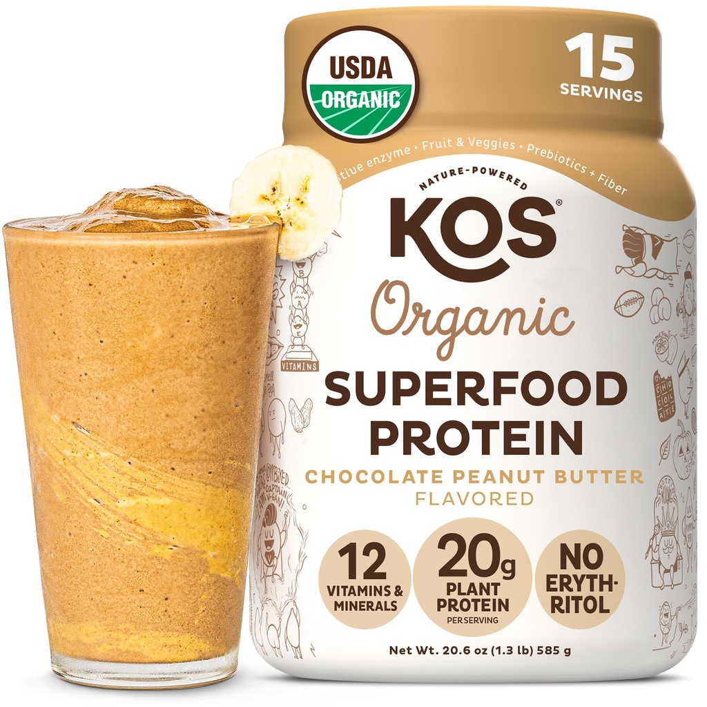 KOS Organic Plant Based Protein Powder, Chocolate Peanut Butter - Delicious Vegan Protein Powder - Keto Friendly, Gluten Free, Dairy Free & Soy Free - 15 Servings
