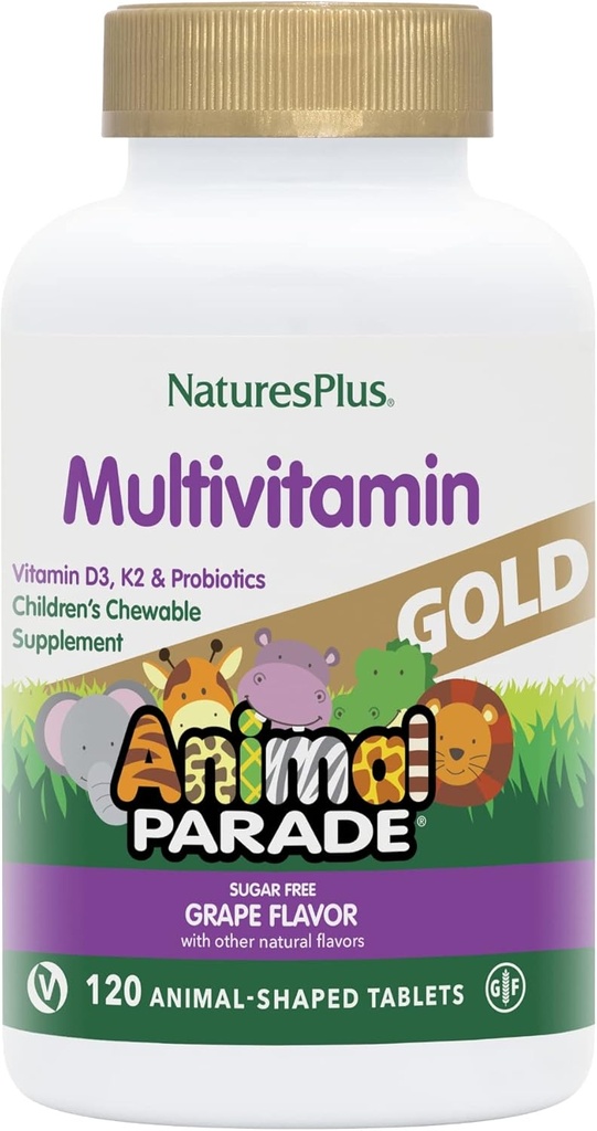Natures Plus Animal Parade Gold Children's Multivitamin, Grape Flavor - 120 Chewable Animal Shaped Tablets - Vegan, Gluten Free - 60 Servings
