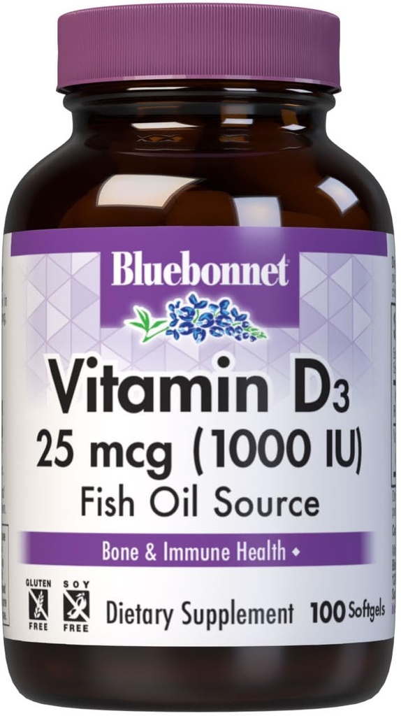Bluebonnet Nutrición Vitamina D3 1000 IU Softgels, Axudas no crecemento muscular e esquelético, Cholecalciferol do aceite de peixe, non GMO, Gluten Free, Soy Free, Dairy Free, 100 Softgels