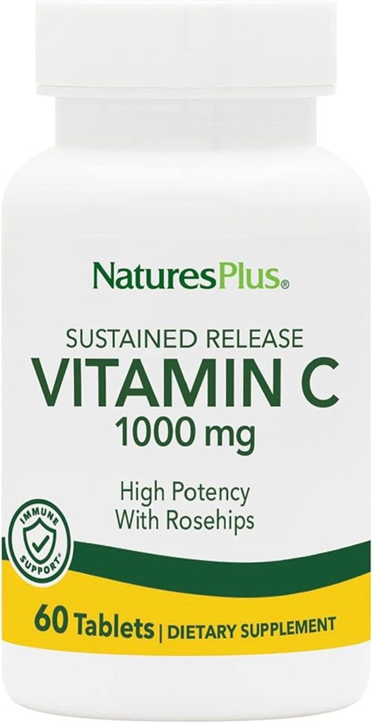 NaturePlus Vedvarende udgivelse 1000 mg C-vitamin - 60 tabletter - Med Rose Hips - Vegetarisk, Gluten Free - 60 Servering