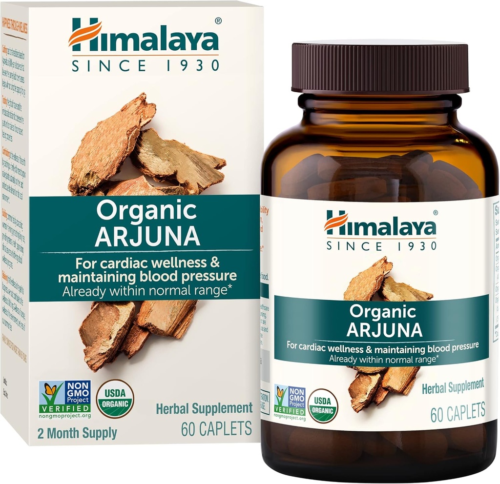 Himalaya Organic Arjuna, 60 Day Supply - Bylinný dodatek Supporting Heart Health and Normal Blood Pressure - USDA Organic, Vegan, Non- GMO, Gluten Free, 700 mg, 60 Caplet