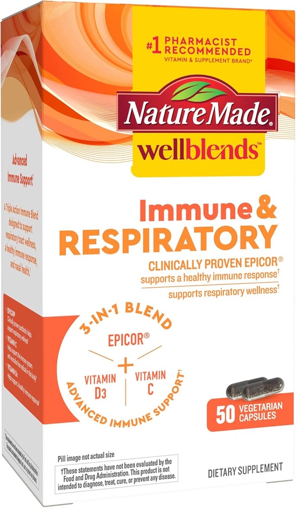 Nature Made Wellblends immunologiczne i oddechowe, EpiCor Postbiotic, Witamina C, Witamina D3, Advanced immunological Supplement, 50 Kapsułki wegetariańskie