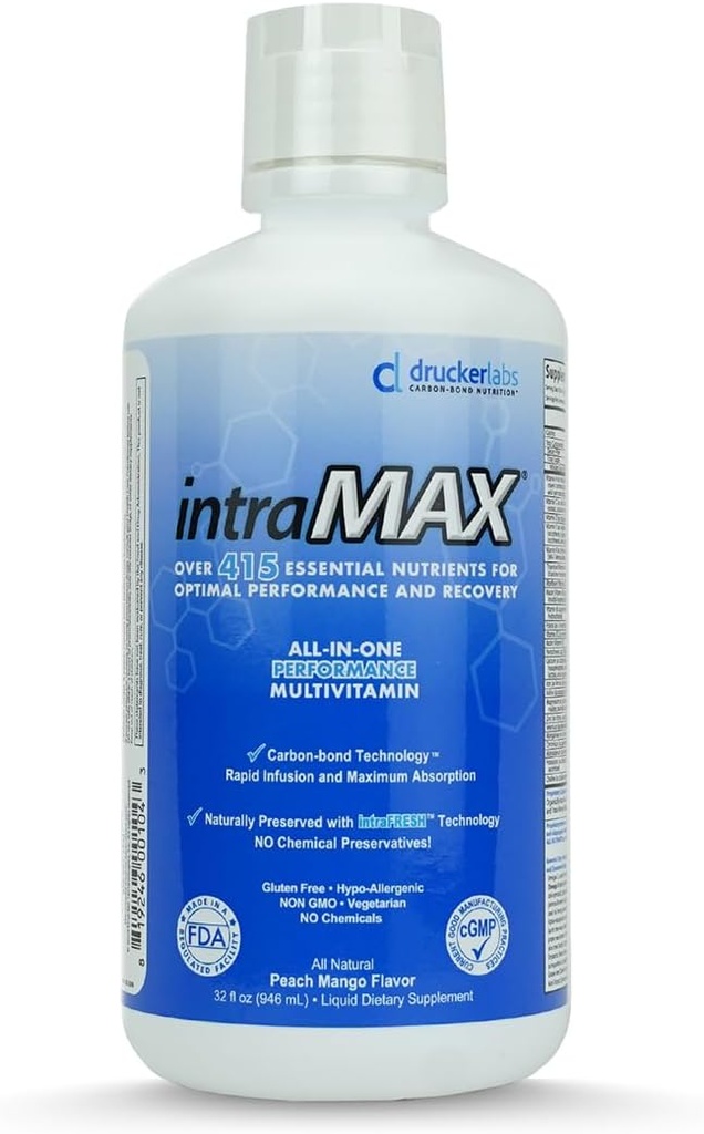 IntraMAX Organic Liquid Multivitamin, Non GMO, Dairy Free, Gluten Free, Magnesium, D-vitamin, C og E, Zink (32 oz., Peach Mango)
