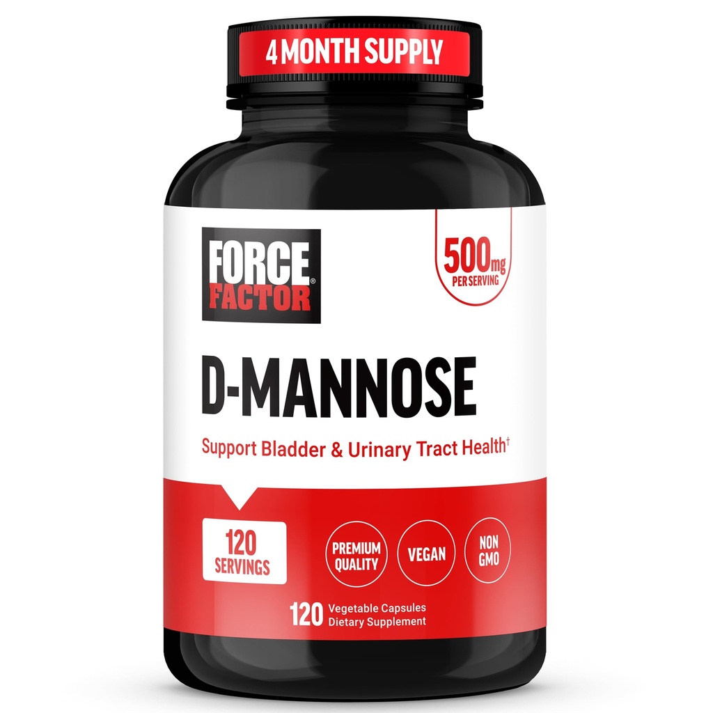 Force Factor D Mannose 500mg Supplement | Support Urinary Tract Health for Women and Men, Bladder Control Supplements, Premium Quality, Vegan, Non-GMO, 120 Capsules