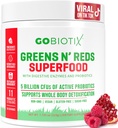 GOBIOTIX Super Greens and Reds Powder - Superfood gorria eta berdea - Osagarri probiotikoa - Enzymes Digestive eta Beet Root Powder - Elikagai Osoen Dieta Osagarri Organikoa (Pom Raspberry, 1 Pack)