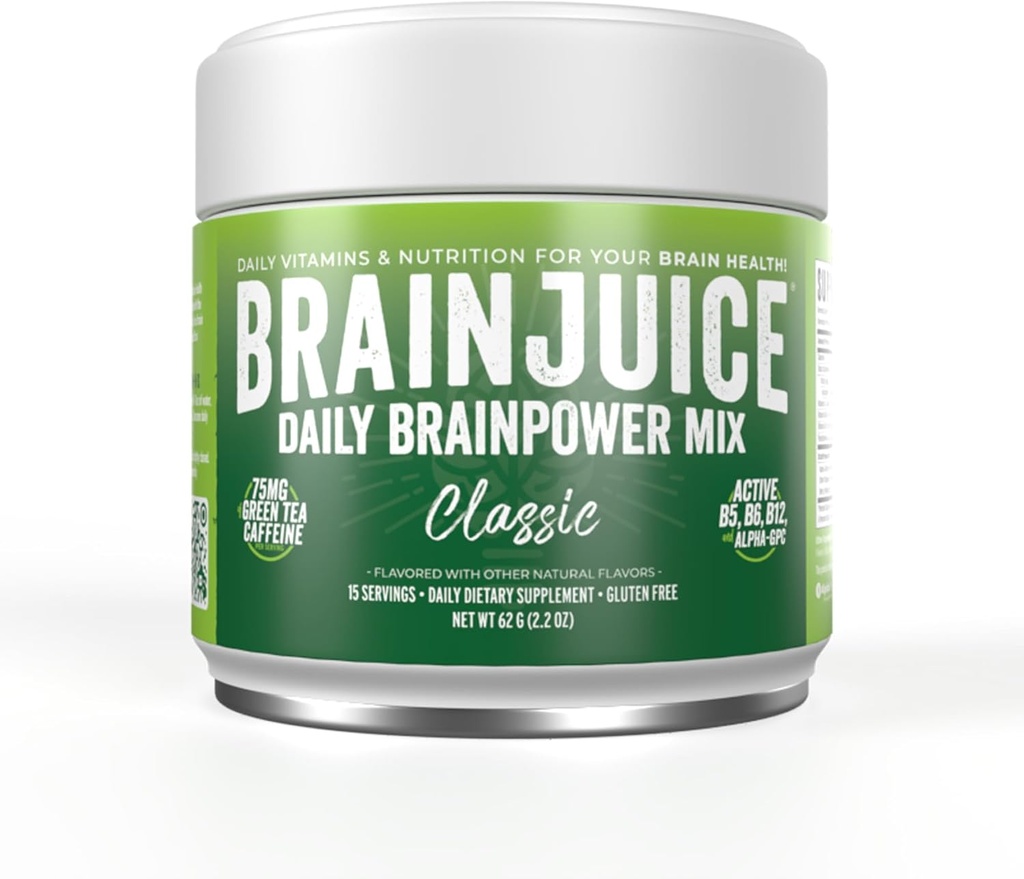 BrainJuice Nootropics Brain Support Supplement, Enerji və Focus üçün Gluten Pulsuz Toz, L Theanine, Alpha GPC, Vitamin B, Organic Green Tea özü Caffeine, Classic, 15 Xidmətlər