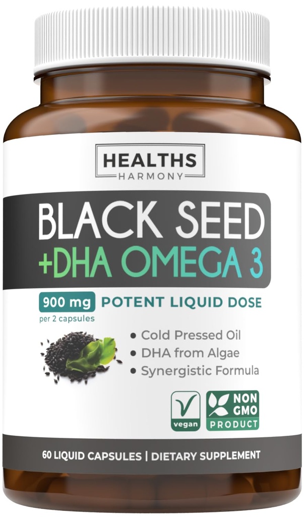 Cold-Pressed Black Seed Oil Capsules - Vegan Non-GMO Nigella Sativa Black Seed Oil Supplement with Omega 3 DHA for Full Body Wellness & Brain Support - Vegan Omega 3 & Thymoquinone-Rich (1 Month)
