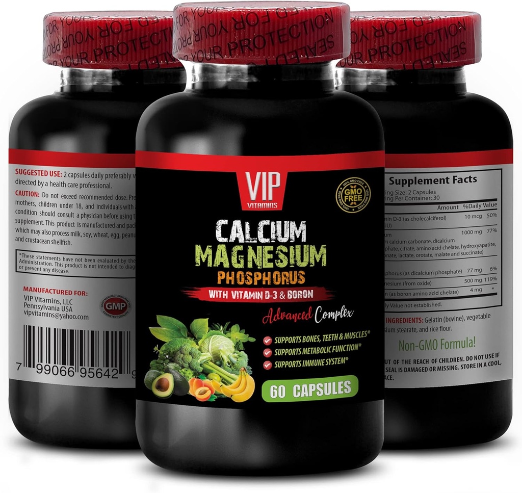 Supplément Calcium - Calcium Magnésium Phosphore avec Vitamine D-3 et Boron - Vitamines Femmes Immmune Support avec Calcium, Supplément Calcium avec Vitamine d, Calcium Magnésium Potassium 1 Bot 60 Caps