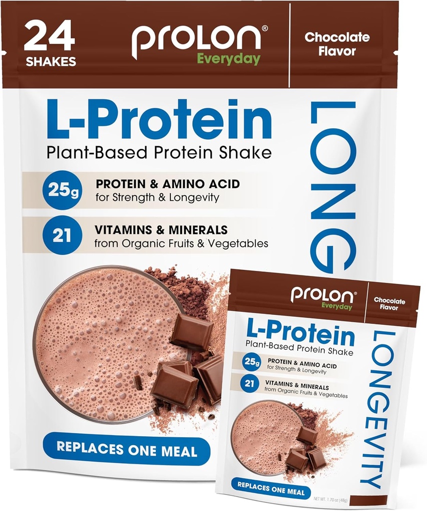 Prolon Longevity Plant Based Protein Powder , Muscle Synthesis " Repair, Healthy Aging, Boost Performance , Vitamins, Gluten Free, Amino Acids, Antioxidants , 25g of Protein , Chocolate, 24 Packets