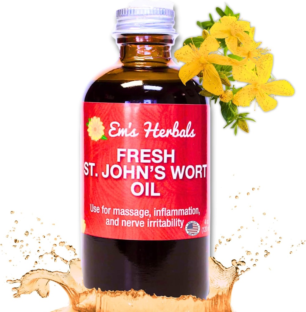 Em 's Herbals Fresh St. John' s Wort Oil - Divoká sklizeň v USA, Přírodní řešení pro Nerve Discomfort, Kožní erupce, Péče o rány, Jizvy, a Stretch Marks - Kůže, Tvář, Tělo, Vlasy, Masážní olej (4 Oz)