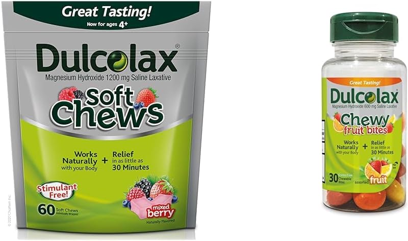 Dulcolax Soft Chews Saline Laxative Mixed Berry (60ct) Gentle Constipation Relief, Magnesium Hydroxide 1200mg & Chewy Fruit, Laxative Saline, Didukung Buah (30ct) Crastipation Bebas
