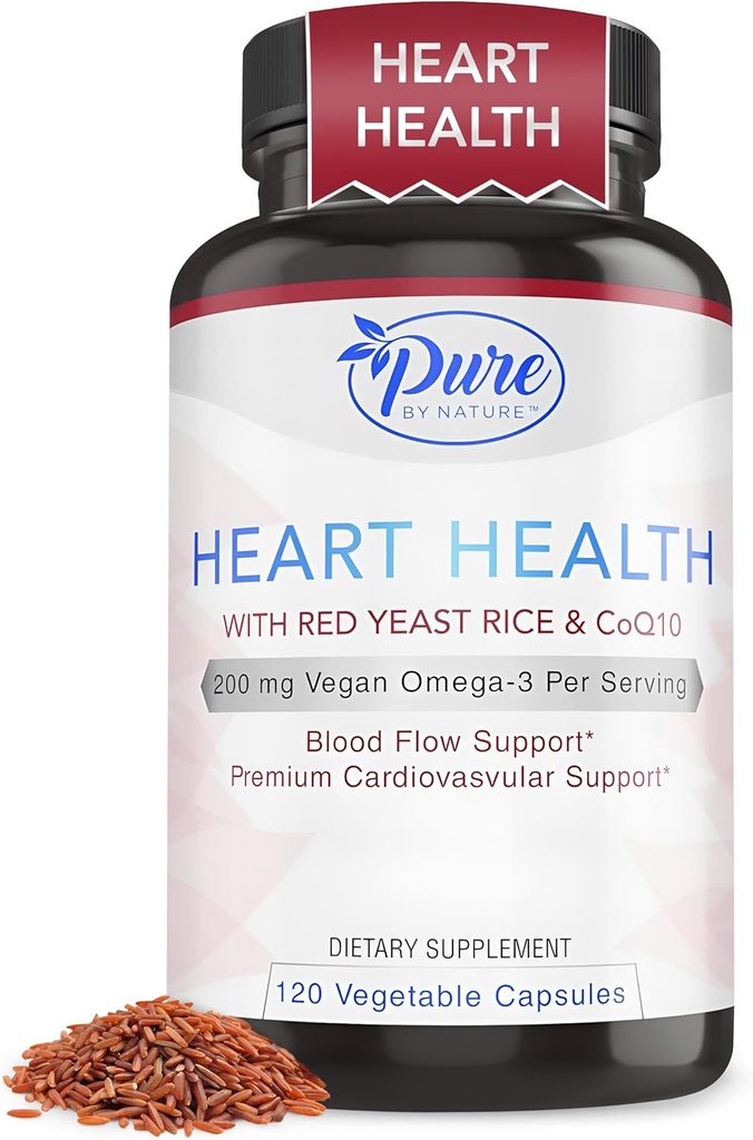 Pure By Nature Red Yeast Rice with CoQ10 supplement for Men " Women, 200mg Vegan Omega 3 Per Serving, Gluten-Free Non-GMO, 120 Capsules