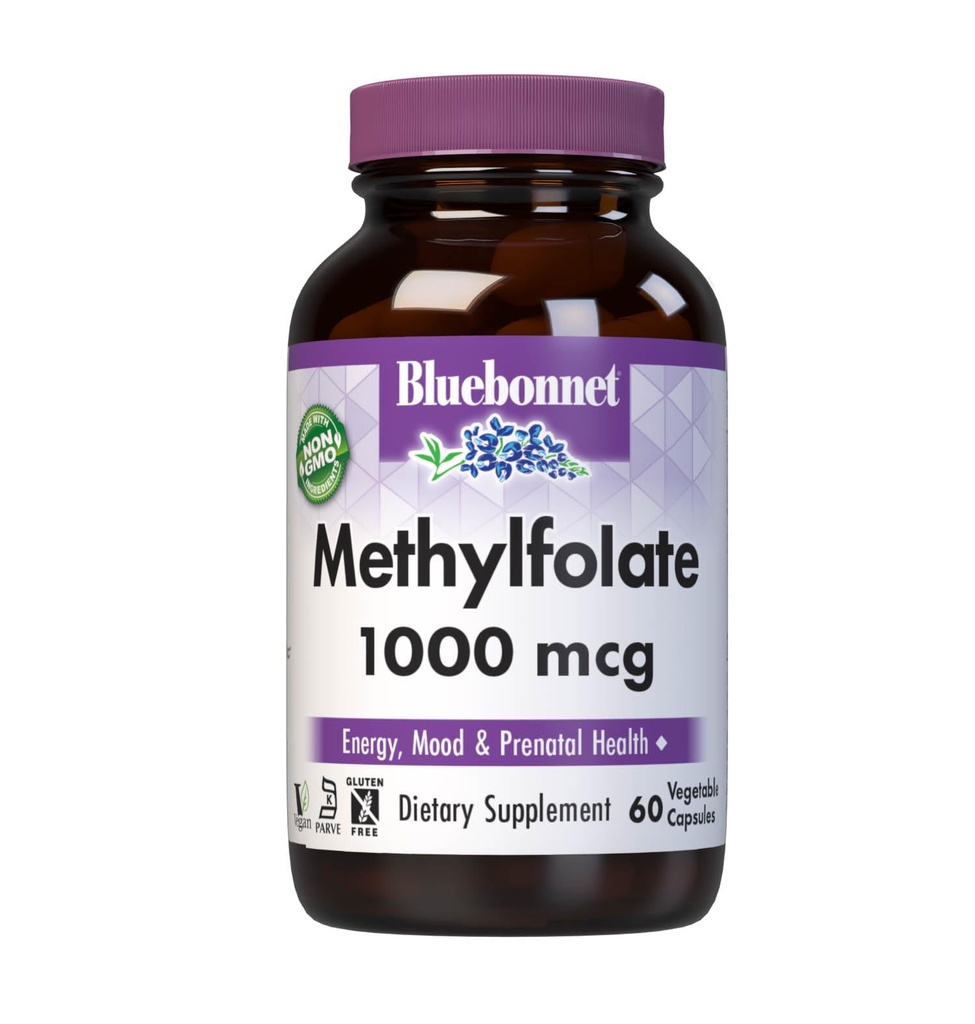 BlueBonnet Nutrition Methylfolate 1000 mcg, for Energy, Mood, and Prenatal Health*, Non-GMO, Vegan, Kosher Certified, Gluten-Free, 60 Vegetable Capsules, 60 Servings