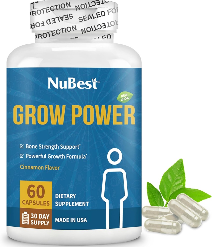 NuBest Grow Power - Calciumsupplement - Magnesiumsupplement met vitamine D3, B6, zink, fosfor en multivitamine voor sterke botten, algehele gezondheid voor de leeftijd 10 + 60 capsules 