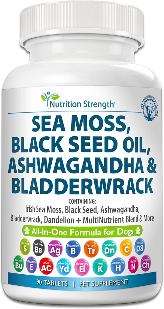Moss de mar para perros 750mg Aceite de semilla negra 500mg Ashwagandha 250mg Turmeric 250mg Bladderwrack 250mg Dandelion 250mg &amp; Vitamina C Vitamina D3 con manuka de arándanos amarillo Dock 90 Tablets