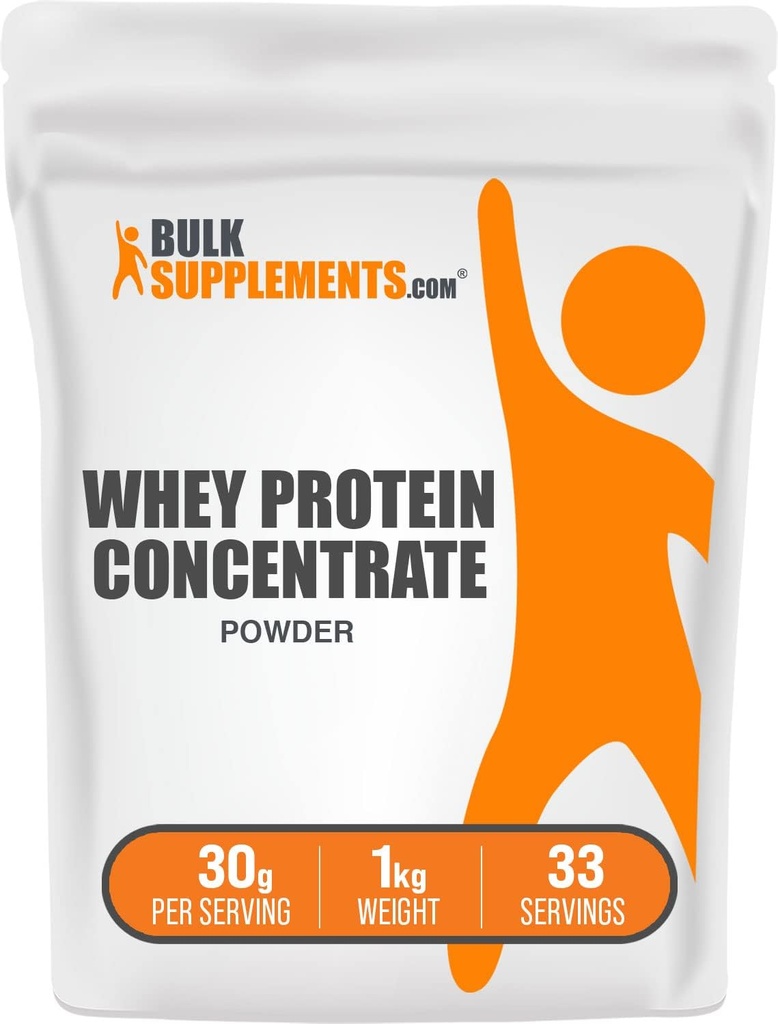 BulkSupplements.com Whey Protein Concentrate Powder - Whey Protein Powder Supplement, Unsweetened, Unflavored & Gluten Free, 30g por porción, 1kg (2.2 lbs) (Pack of 1)