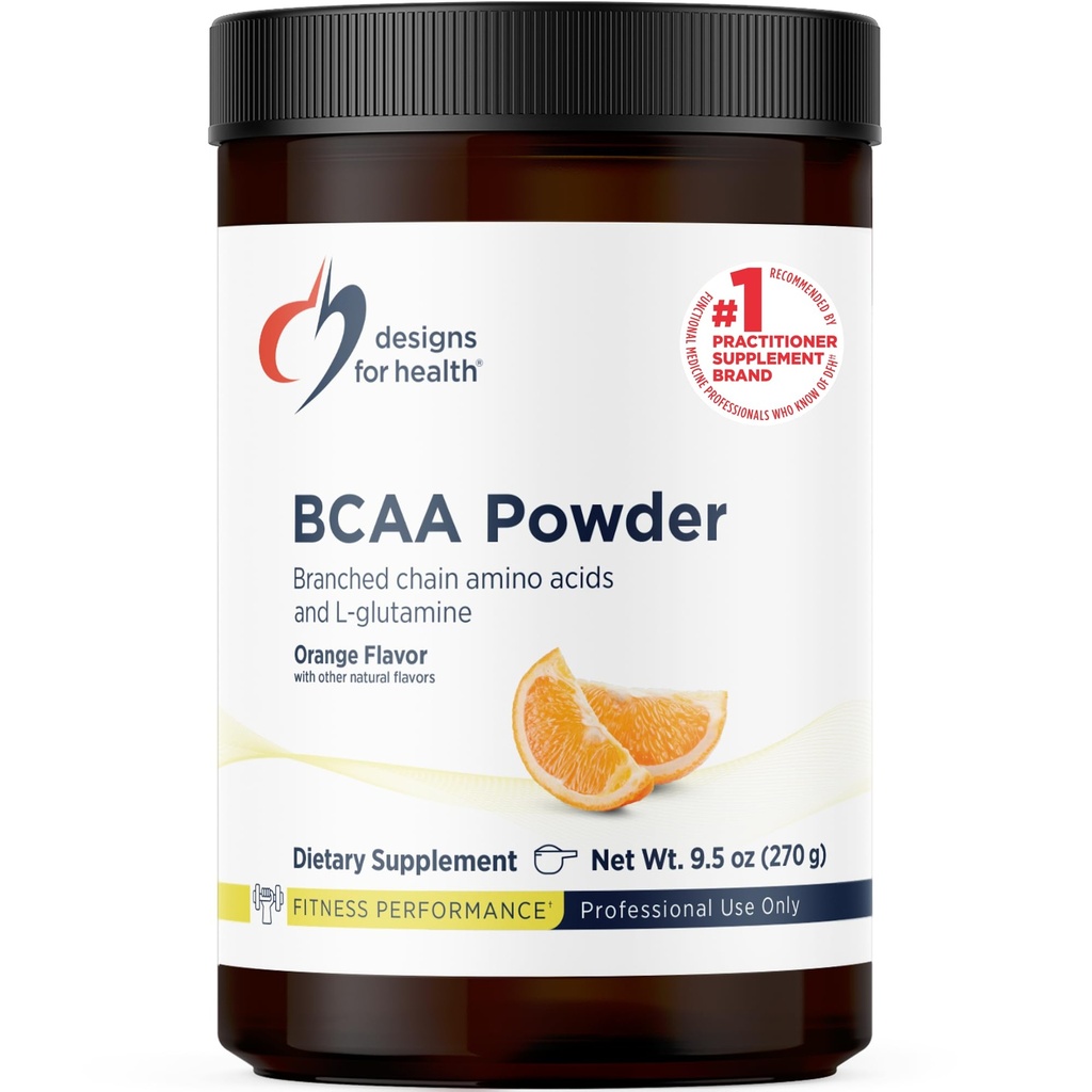Designs for Health BCAA Powder with L-Glutamine - Branched Chain Amino Acids Powder + L-Glutamine Supplement to Support Muscles + Workouts - Orange Flavored Drink Mix (30 Servings / 270g)