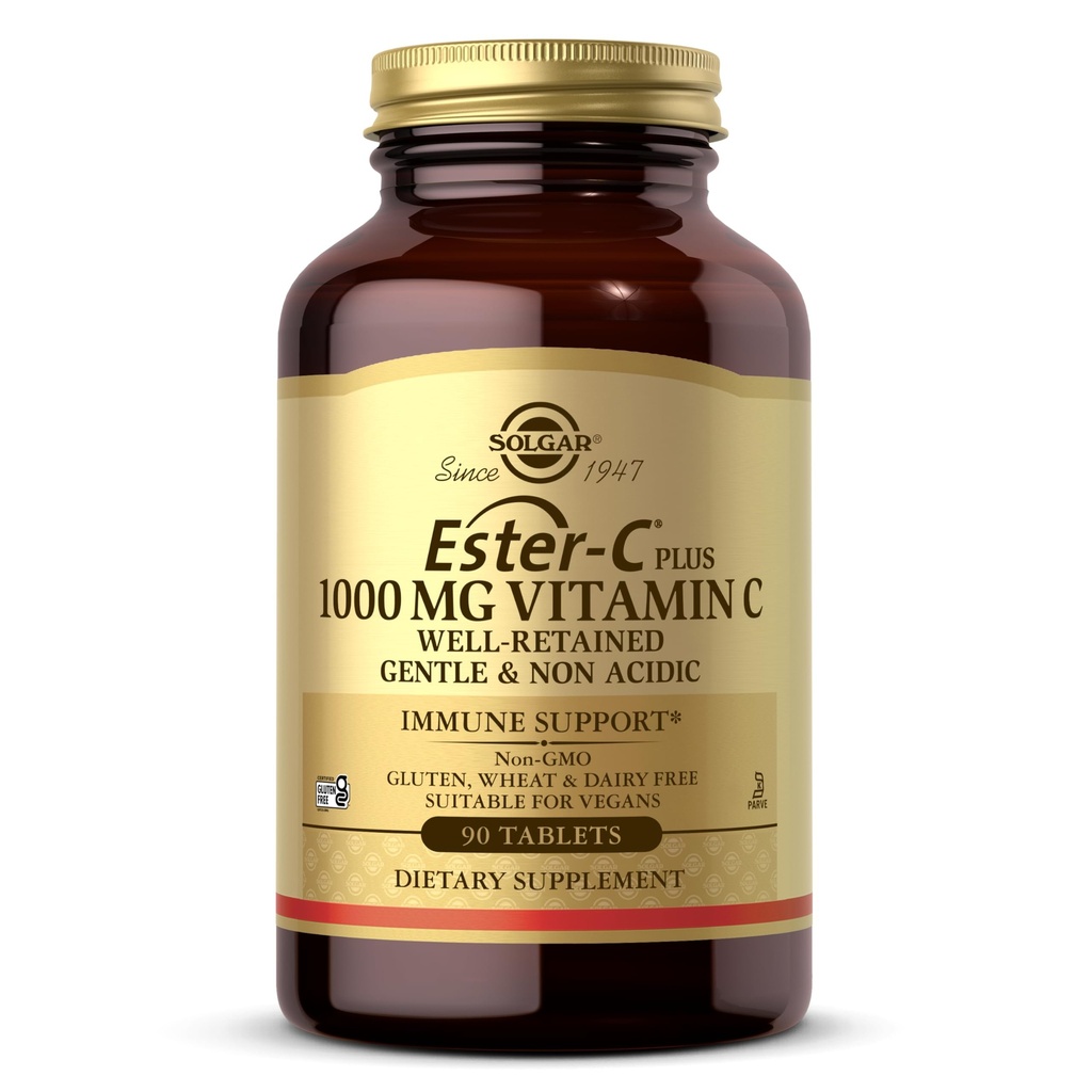 Solgar Ester-C Plus 1000 mg Vitamin C (Ascorbate Complex), 90 Tablets - Gentle On The Stomach & Non Acidic - Antioxidant & Immune System Support - Non GMO, Vegan, Gluten-Free, Kosher - 90 Servings
