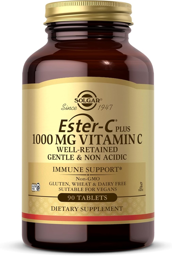 Solgar Ester-C Plus 1000 mg Vitamine C (Ascorbaatcomplex), 90 tabletten - Zacht op de maag en niet-zuur - Antioxidant en immuunsysteem ondersteuning - Niet GGO, Veganistisch, Glutenvrij, Kosher - 90 porties