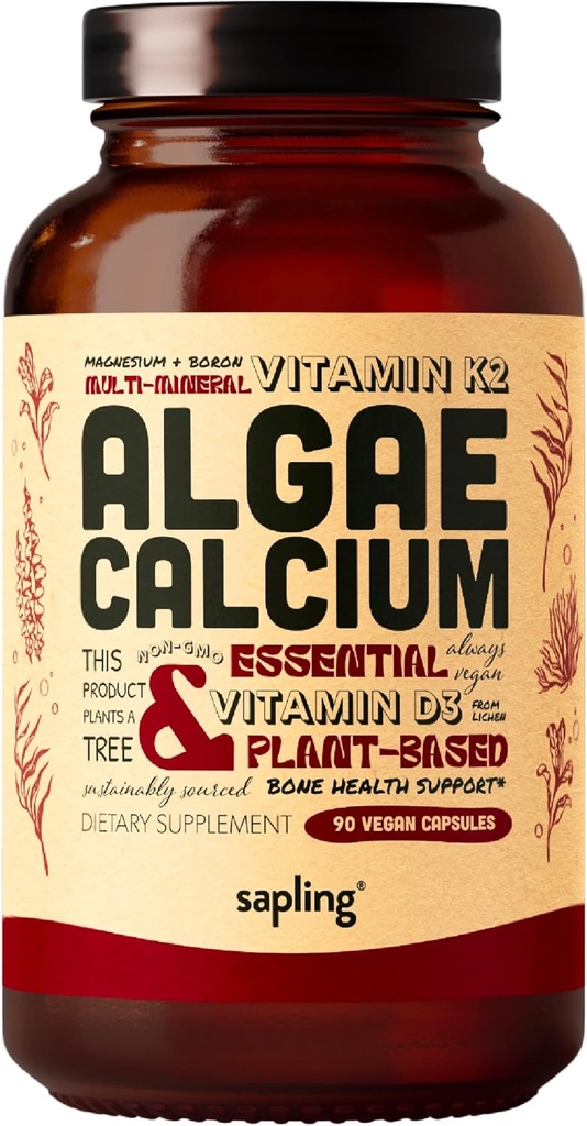 Calciumsupplement - Whole Food with Vitamine K2 & D3, Magnesium, Zink, Boron, Mineral Complex. Bron duurzaam van Red Algae. voor bot kracht en ondersteuning. Niet-GMO & Vegan 90 capsules.