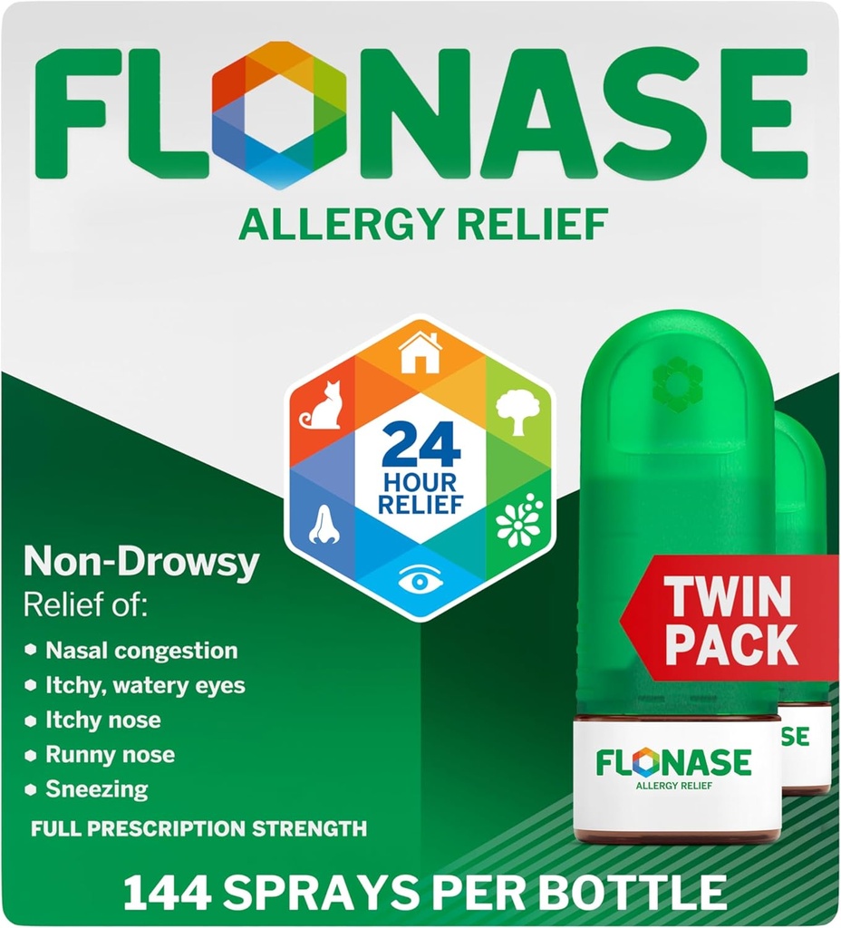 Flonase Allergy Relief Nasenspray, 24 Hour Non Drowsy Allergy Medicine, Metered Nasal Spray - 144 Sprays (Pack von 2) - Fall and Seasonal Allergy Relief