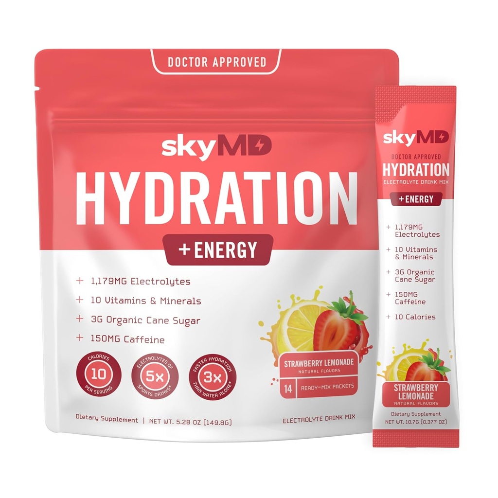 SkyMD Hydration + Energie | Elektrolyte Pulver-Packets | Niedriger Zucker, Natrium, 10 Kalorien | 10 Vitamine & Mineralstoffe | 150g Koffein für erhöhte Konzentration und Leistung | Erdbeer-Limonade | 14 Sticks