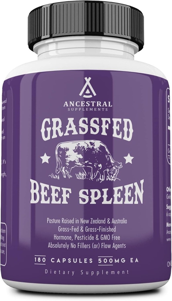 Ancestral Supplements Gras Fed Beef Spleen Supplement, 3000mg Rindfleisch Organ Spleen Unterstützung Formel fördert Verdauungs-, Immun-, Eisen-, Energie- und Allergie-Gesundheit, Non GMO, 180 Kapseln