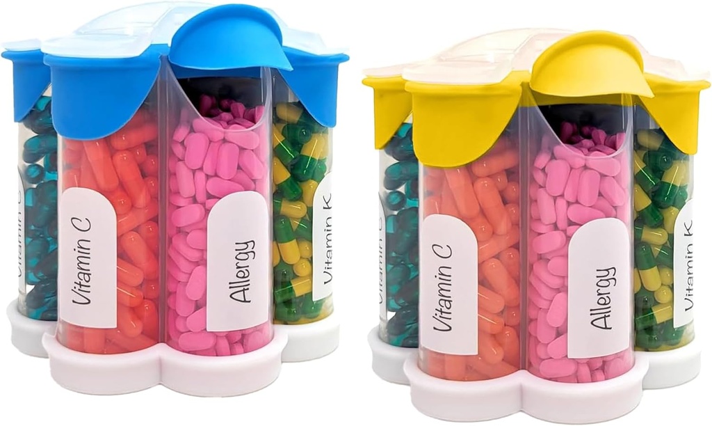 Extra Large Pill Organizer Daily, Weekly, Monthly Supplement Bottle, Cute Blossom Pill Dispenser med 7 XL Compartments (2 Pack Combo) (Light Blue och Yellow)