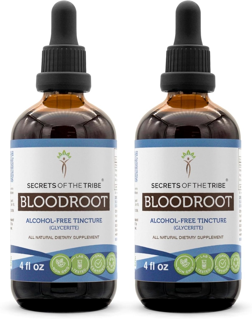 Secrets of the Tribe Bloodroot Alcohol-Free Tincture Extract, Responsibly farmed Bloodroot (Sanguinaria Canadensis) Dried Root (2x4 fl oz)