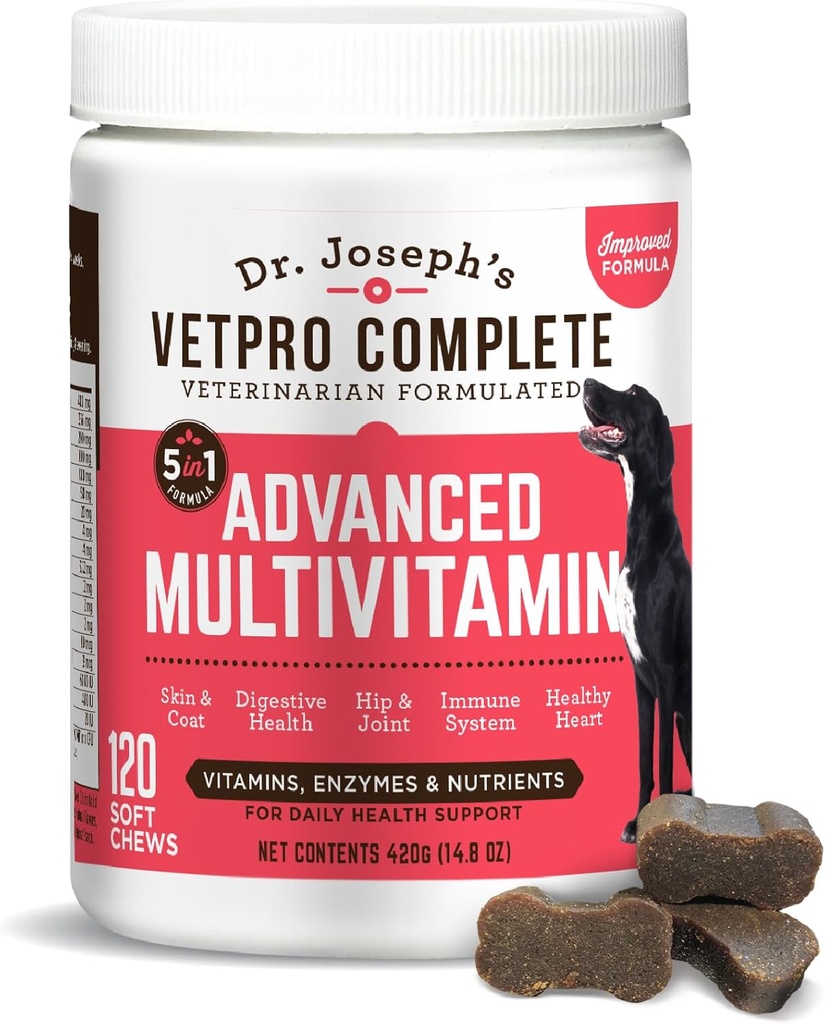 Dr. Joseph 's VetPro pilnas multivitaminų šunų papildas, 120 Skaičiavimas (didelis šuo 60 dienų tiekimo), 5in1 Chew su vitaminais, fermentai ir mitybos, Hip & Bendra sveikata, Imuninė sistema & Alergija Parama