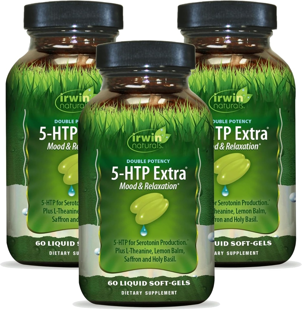Irwin Naturals Double Potency 5-HTP Extra - 60 Liquid Soft-Gels, 3 sorta - Erlaxatzeko eta Serotonin Produkzioa - 90 Zerbitzu guztira