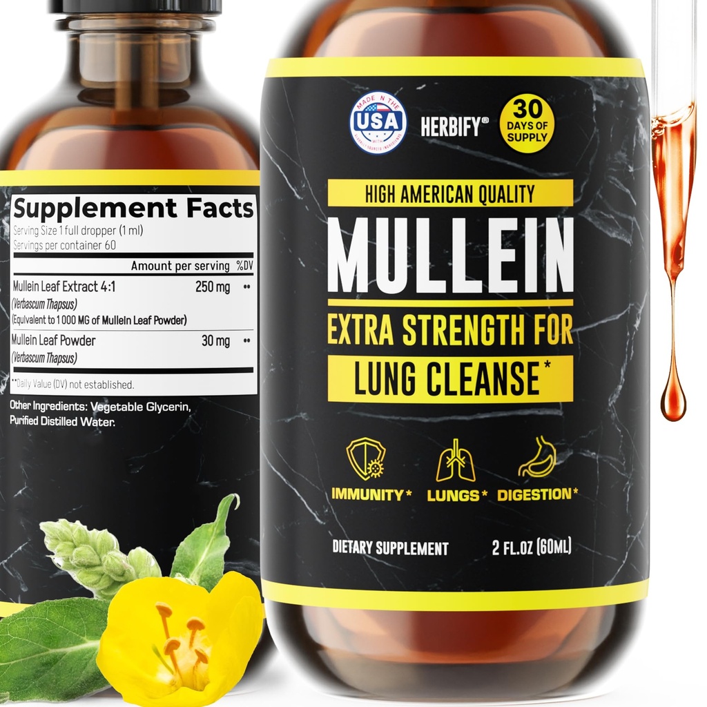 HERBIFY Mullein Extract 2 oz Tincture for Respiratory Health, Mullein Leaf and Flowers Blend (Verbascum Densiflorum)