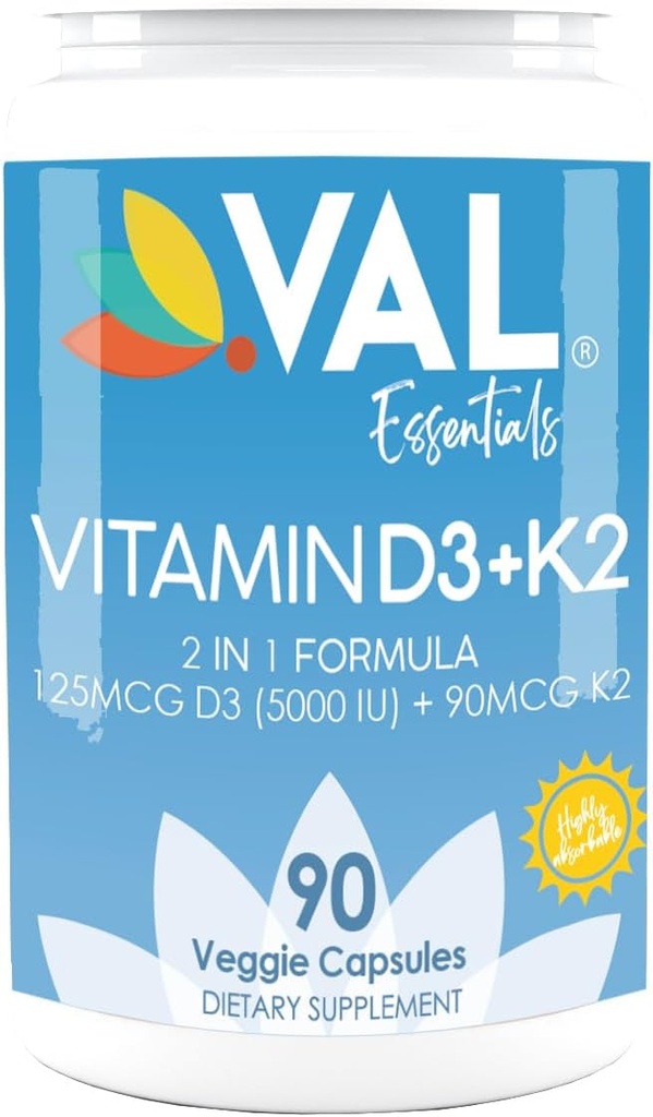 VAL D3 + K2 (MK-7) 5000 IU & 90 mcg - Bone & Heart Health Support - Potensi Tinggi, Non-GMO, Easy to Swallow - 90 Vegan Capsules - D3 K2 Supplemen Dibuat di Amerika Serikat