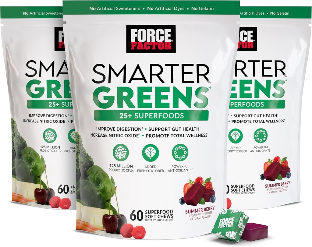 FORCE FACTOR Slimmere Groenen Superfood Kauwen, 3-Pack, Groenen en Superfoods met Probiotica, Antioxidanten en Vezel, Groenen supplement ter ondersteuning van digestie, Nitric Oxide, en energie, 180 Kauwen