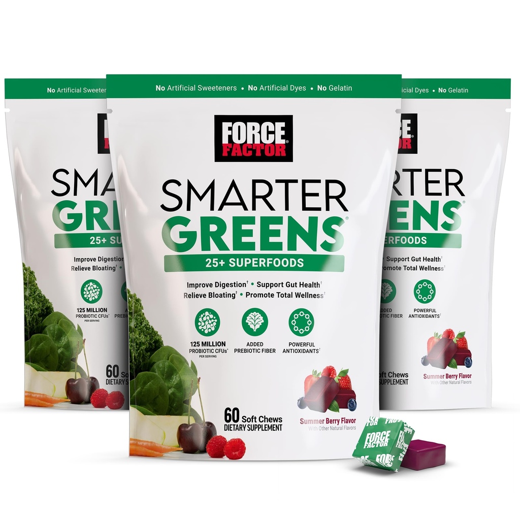 Force Factor Smarter Greens Superfood Chews, 3-Pack, Superfoods with Probiotics, Antioxidants, and Fiber, Greens Supplement to Support Digestion, Nitric Oxide, and Energy, 180 Chews