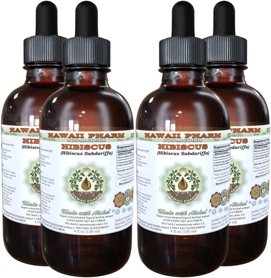 Hibiscus Alcohol- Free Liquid Extract, Organic Hibiscus (Hibiscus Sabariffa) DryFlower Glycerite Hawaii Pharm Natural Herbal Supplemen 4x4 oz