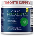 BIOHM Super Greens, Green Superfood Powder (8.5 Oz, 30 Servings) Antioxidant Veggie Powder & Smoothie Mix, 34 Superfoods & Spirulina, Digestive Enzime, Prebiotice și Probiotice, Amestec Berry Flavor