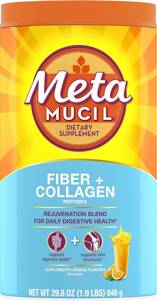 Metamucil Daily Fiber + Collagen, Psyllium Husk Powder, Plant Based Fiber Apply, Sugar-Free with Stevia, 3-in-1 Fiber Addition for Digestive Health, Orange Ароматизирани, 90 Дози