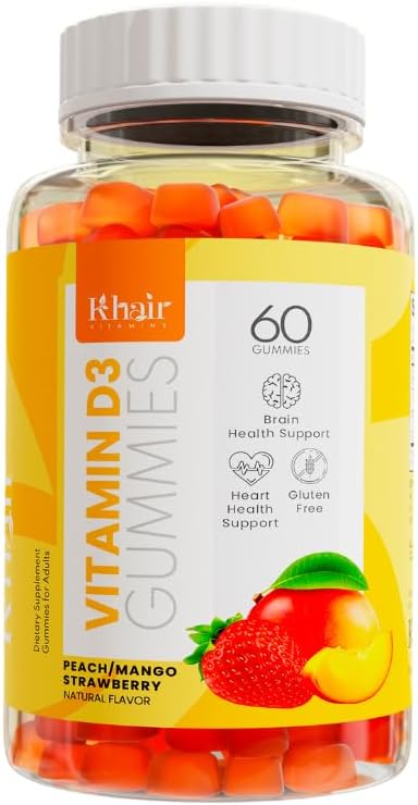 Khair Hall Vitaminas D3 Gummies Kaulų ir raumenų parama - Non- GMO, Gluten & Želatina nemokamai, Vegetaras, Halal- Sertifikuotas, Natūralus Mango, Persikų ir braškių skonio - 60 Gummies
