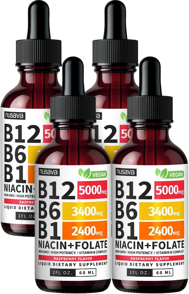 (4 Pack) Vitamin B12 og B6 Liquid Drops, B12 Sublingual Vitamin B Complex - B 12 Vitamin 5000mcg - B12 Methylcobalamin til energi, hjerne, og hjerte støtte med 27,200 mcg, Jordbær, 80 Servering