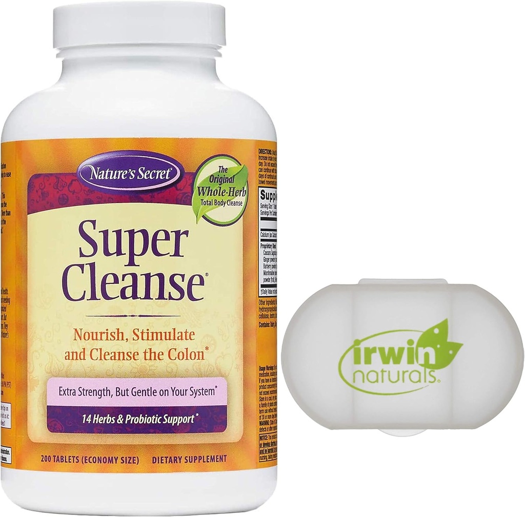 Nature's Secret Super Cleanse Extra Strength Toxin Detox & Gentle Elimination Total Body Cleanse, Digestive & Colon Health Support, 200 Tablets, with a Pill Case