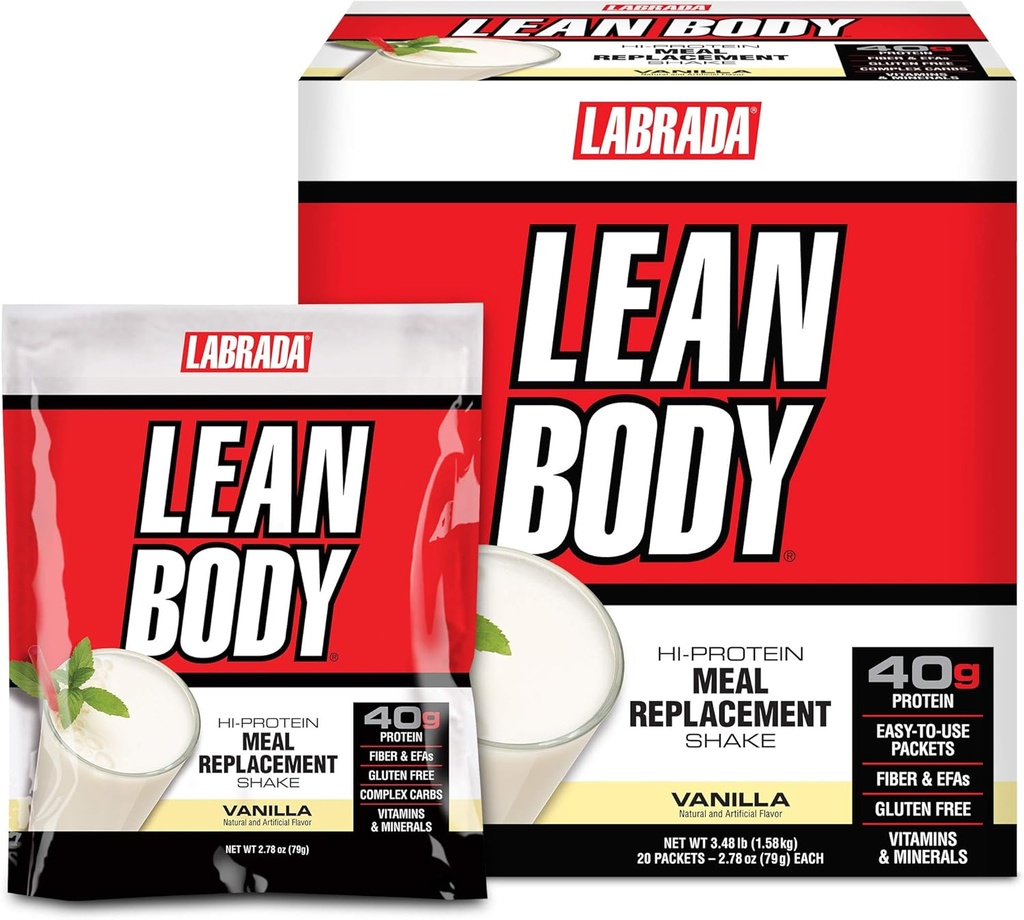 Lean Body MRP All-In-One Vanilla Meal Replacement Shake, 40g Protein, Whey Blend, 8g Healthy Fats EFA & Fiber, 22 Vitaminer och mineraler, Ingen konstgjord färg, Gluten Free, (20 Packets)