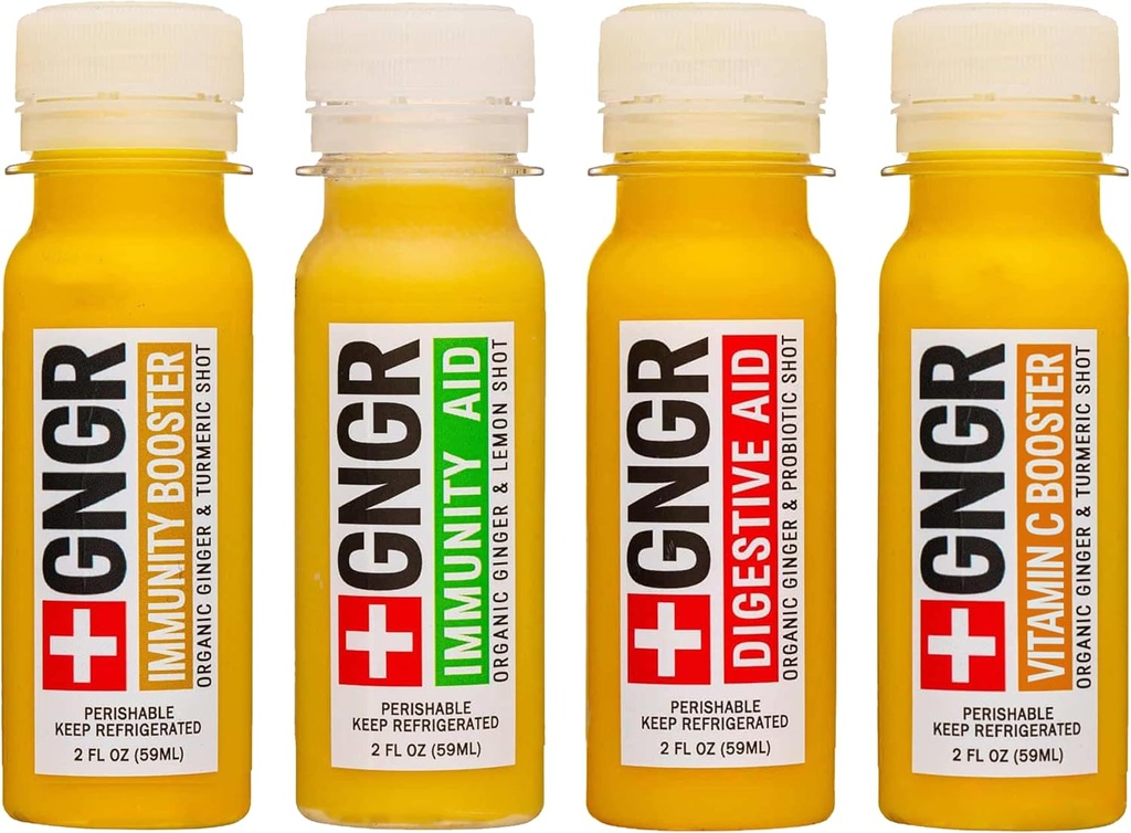 +GNGR 24 shots Variety Pack of Organic Immunity Boosting Ginger Shots - Cold Pressed Ginger Shots for All Natural Digestive and Imune Support - Nothing Artificial - USDA Organic 2 fl oz (Pacote de 24)