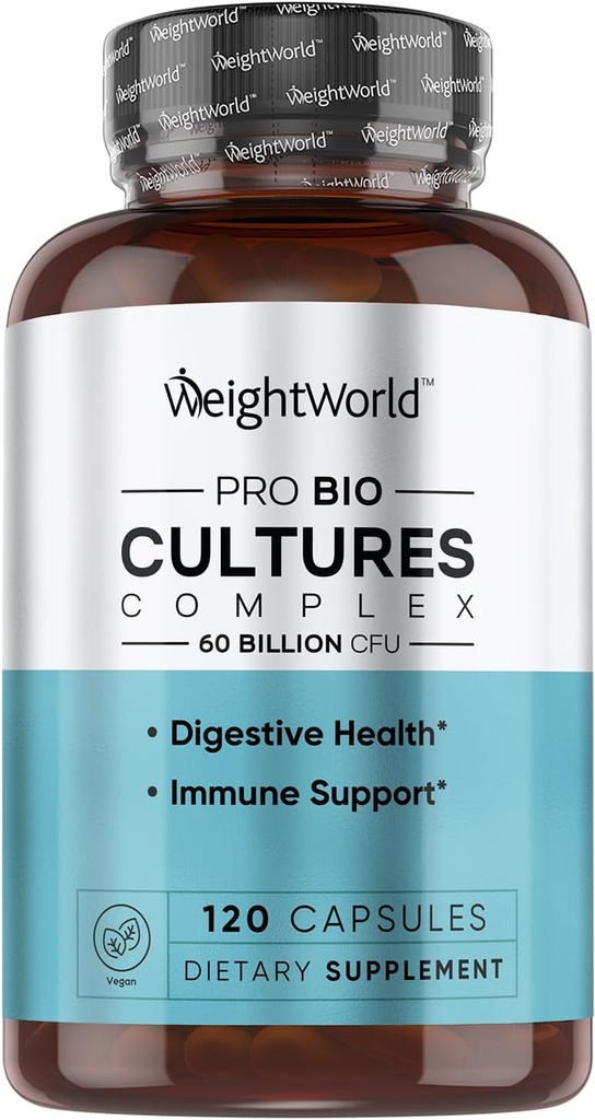 WeightWorld Bio Cultures Complex - Probiotic for Women & Men - Third-Party Lab Tested - 120 Vegan Capsules (2 Months Supply) - 60 Billion CFU with 20 Probiotic Strains - Vegan, Non-GMO & Gluten-Free