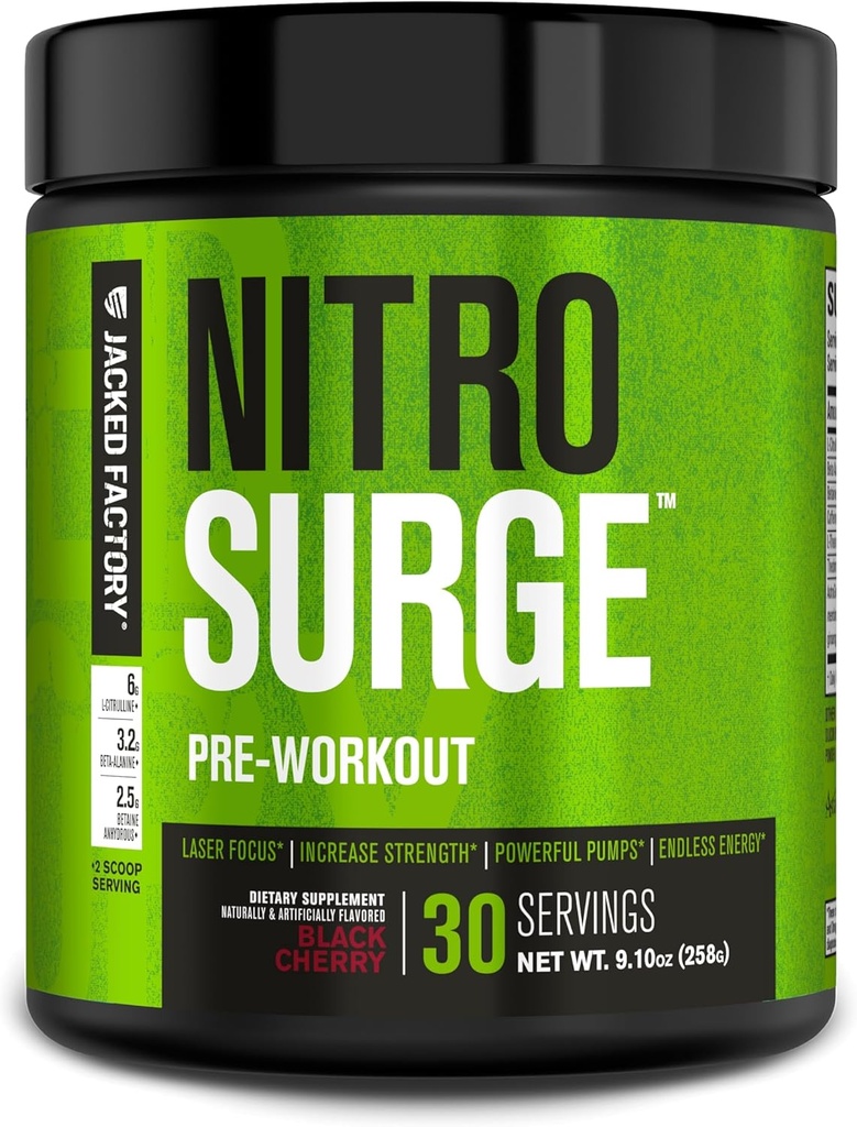 Jacked Factory NITROSURGE Pre harjoitus täydentää - loputon energia, pikavoimaa voitot, selkeä Focus ja Intense Pumps - NO Booster & Tehokas Preworkout Energy Powder - 30 tarjoiluja, musta kirsikka
